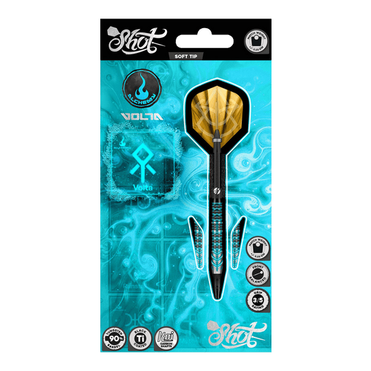 Abgebildet sind die Shot Alchemy Volta Softdarts - 20g aus einer detaillierten Ansicht. Diese Softdarts eignen sich gut für das Dartspiel.