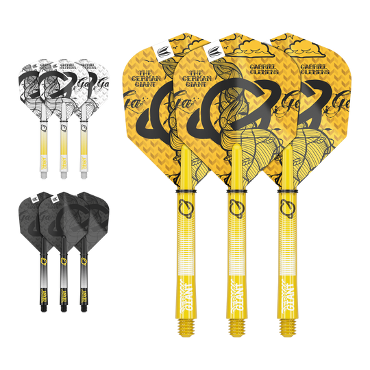 Das Bild zeigt drei Sätze Dartflights und -schäfte in verschiedenen Farben und Designs. In der Mitte befindet sich ein gelbes Set mit der Aufschrift "The German Giant" und "Gabriel Clemens".