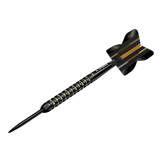 Mission Mike De Decker MDD Black Gold Steeldarts Dies ist ein Steeldartpfeil des Modells "Mission Mike De Decker MDD Black Gold". Der Pfeil ist schwarz mit goldenen Akzenten und hat eine strukturierte Griffzone.