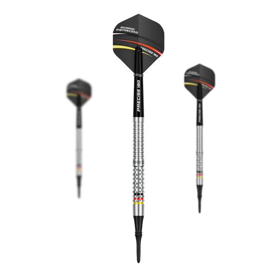 Precise 180 Ricardo Pietreczko GEN1 soft darts Hier sind die Precise 180 Ricardo Pietreczko GEN1 Softdarts als Set abgebildet. Die Darts sind für präzises Spielen entwickelt.