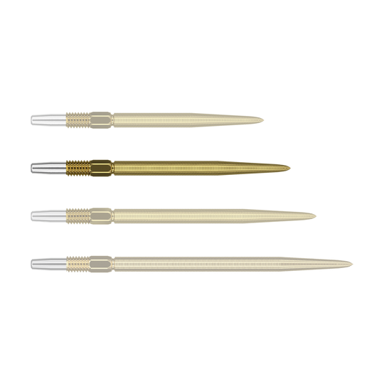 Target Swiss Point Nano Dart Tips - Gold Das Bild zeigt vier goldene Dartspitzen mit silbernem Befestigungsende, die nebeneinander liegen. Die Spitzen sind gleich lang und haben eine feine Riffelung entlang der gesamten Länge.