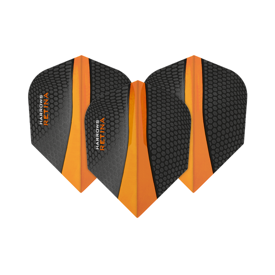Das Bild zeigt drei Harrows Retina Orange No6 Flights für Dartpfeile. Sie sind in Schwarz und Orange gestaltet, mit einer wabenartigen Textur auf der Oberfläche.