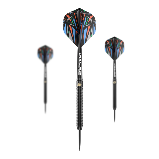 GOAT Athlete Black Brass Steeldarts - 13g Das Bild zeigt drei schwarze Steeldarts mit farbenfrohen Flights und der Aufschrift "GRIP-TECH". Es handelt sich um das Produkt "GOAT Athlete Black Brass Steeldarts - 13g".