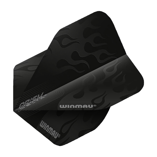 6915-202_Winmau_Prism_Delta_6915-202_Standard_Flights_2 Das Bild zeigt das Produkt "Winmau Prism Delta 6915.202 Standard Flights". Die Flights sind schwarz mit einem Flammenmuster und dem Winmau-Logo bedruckt.