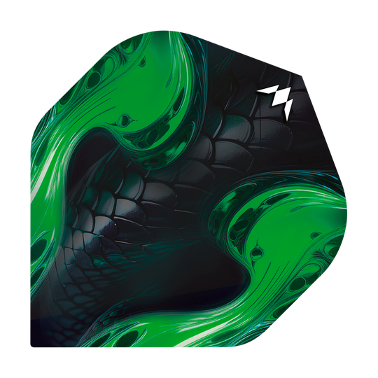 Das Bild zeigt ein Dartflight mit schwarzem, schuppigem Muster und leuchtend grünen Akzenten. In der oberen rechten Ecke befindet sich ein weißes Logo.