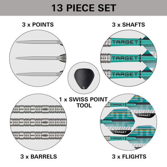 Das Bild zeigt eine Ausführung der Target Hydro 02 Swiss Point Steeldarts. Die Darts sind schlank und für professionelles Spielen geeignet.