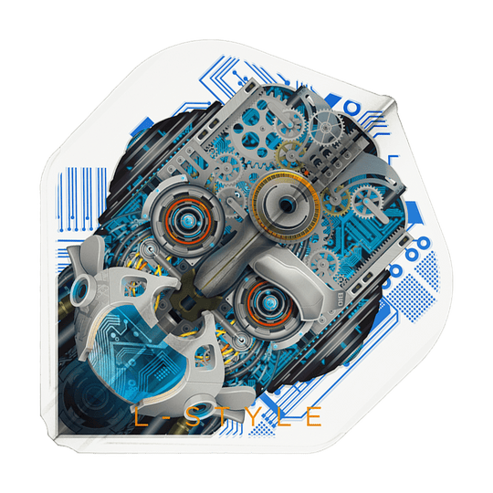 L-Style Berry Van Peer V3 Clear White L1EZ Flights Das Bild zeigt ein Dartflight mit einem detaillierten, mechanischen Roboterkopf auf weißem Hintergrund. Unten ist der Schriftzug "L-STYLE" in orange zu sehen.