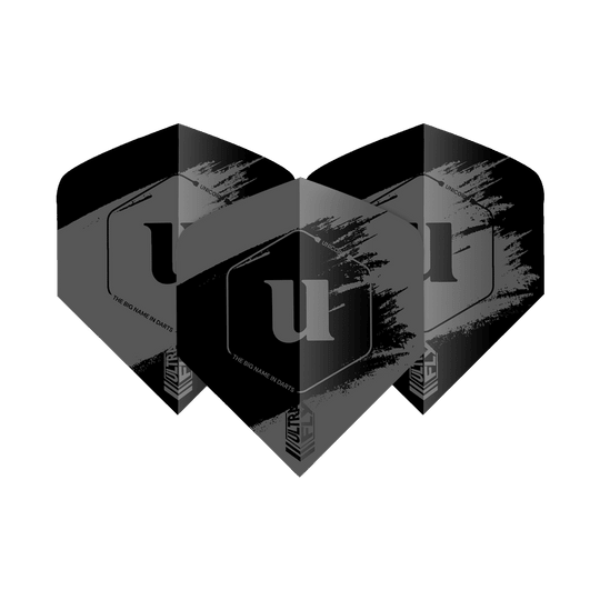 Unicorn Ultrafly 100 Team Unicorn Big Wing Flights - Grey Das Bild zeigt drei graue Dart-Flights der Marke Unicorn Ultrafly 100 Team Unicorn Big Wing. Auf jedem Flight ist ein großes "u" und ein modernes Design mit weißen Akzenten zu sehen.