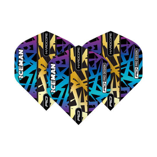 Das Bild zeigt die Red Dragon Hardcore Gerwyn Price Rainbow Gold Standard Flights. Die Flights haben ein buntes, grafisches Design mit den Worten "ICEMAN" und "HARDCORE" darauf.