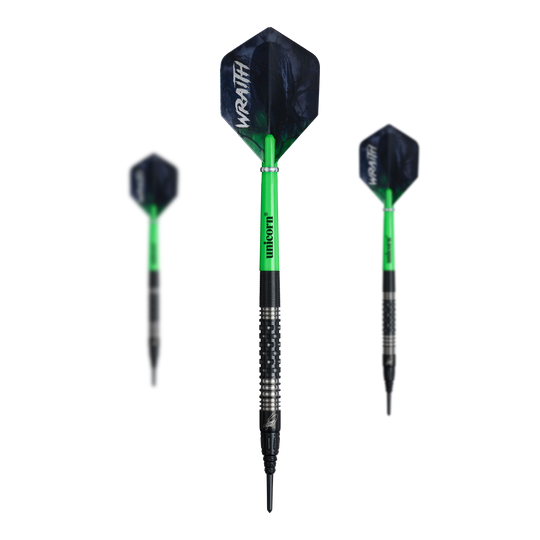 Unicorn Wraith James Wade Soft Darts - 19g Unicorn Wraith James Wade Softdarts mit einem Gewicht von 19 Gramm sind auf dem Bild zu sehen. Die Darts sind speziell für Softdartspieler entwickelt.