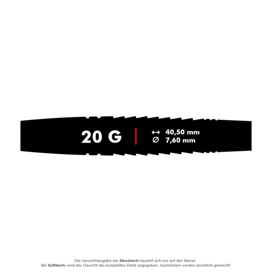 Target Scott Williams Shaggy Black Soft Darts - 20g Das Bild zeigt den Schaft eines Target Scott Williams Shaggy Black Softdarts mit einem Gewicht von 20 Gramm. Die Maße des Barrels sind 40,50 mm Länge und 7,60 mm Durchmesser.