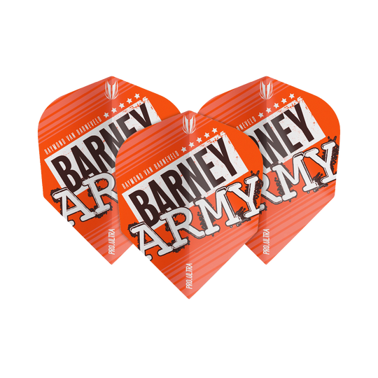 Das Bild zeigt drei orangefarbene Dart-Flights mit der Aufschrift "BARNEY ARMY". Sie gehören zur Produktreihe "Target ProUltra Barney Army Orange Ten-X Flights".