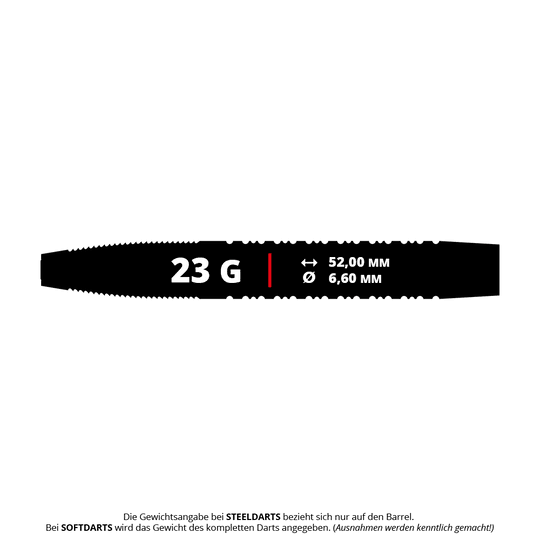 Shot Pro Series Jake Womack Steel Darts - 23g Das Bild zeigt den Shot Pro Series Jake Womack Steeldart mit einem Gewicht von 23 Gramm. Der Dart hat eine Länge von 52,00 mm und einen Durchmesser von 6,60 mm.