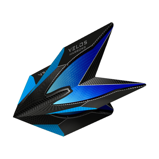 HR1012_Harrows_Blue_2020_Velos_Flights_2 Das Bild zeigt ein Harrows Velos Flight in Blau. Das Flight hat ein modernes Design mit blauen und schwarzen Akzenten.