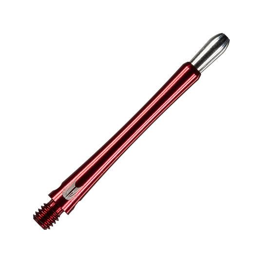 Das Bild zeigt einen roten Aluminium-Dartshaft im Grip-Stil. Das Produkt hat ein glänzendes Finish und ein silbernes Ende.