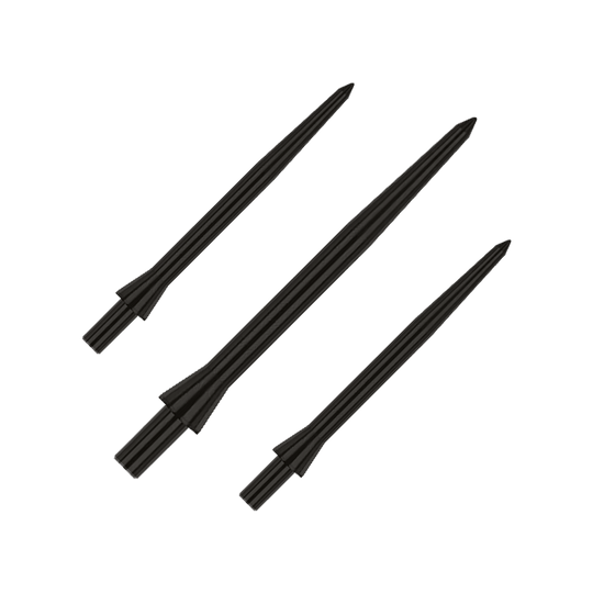 Red Dragon Raptor Plain Black steel dart tips - 30mm Das Bild zeigt drei schwarze Steeldartspitzen der Marke Red Dragon Raptor in 28 mm Länge. Die Spitzen sind schlicht und haben ein glattes Design.