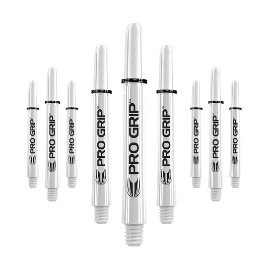 Target Pro Grip Shafts - 3 Sets - White Das Bild zeigt mehrere weiße Dartschäfte mit der Aufschrift "PRO GRIP". Sie sind in drei Reihen angeordnet und haben schwarze Ringe an der Oberseite.