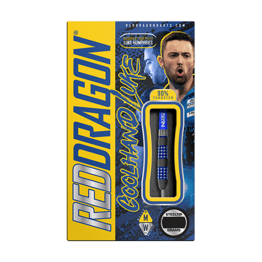 RD2561_Red_Dragon_Luke_Humphries_TX2_Atomized_Steeldarts_3 Die Verpackung zeigt die "Red Dragon Luke Humphries TX2 Atomised Steeldarts". Zu sehen ist auch ein Bild von Luke Humphries und die Darts selbst mit blauem Design.