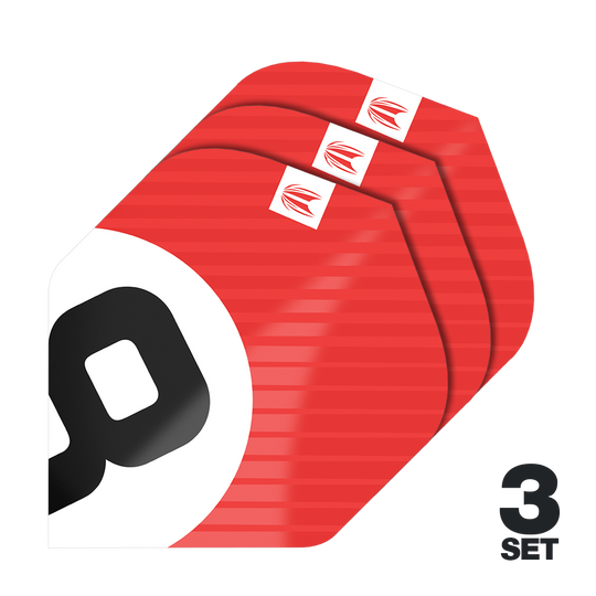 Das Bild zeigt drei Sätze der Target Pro Ultra Chicane Red No2 Standard Flights. Die Flights sind überwiegend rot mit einem weißen und schwarzen Design und werden als 3er-Set angeboten.