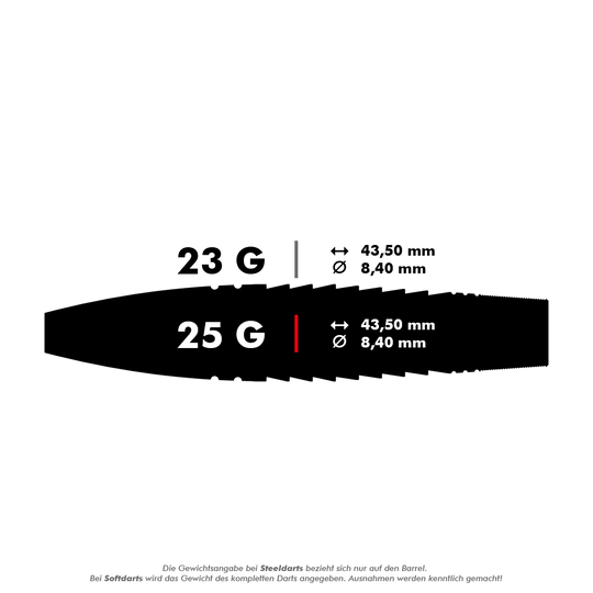 190222_Target_Scott_Williams_GEN1_Swiss_Point_Steeldarts_5_25g Das Bild zeigt die Produktdaten der Target Scott Williams GEN1 Swiss Point Steeldarts. Die Darts sind in 23 g und 25 g erhältlich, beide mit einer Länge von 43,50 mm und einem Durchmesser von 8,40 mm.