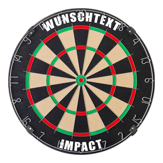 Dartboard mit Wunschtext Dieses Bild zeigt ein Produkt mit dem Dateinamen MCDB_Dartboard_mit_Wunschtext_TraditionellerRingSilber_1_Impact_. Das Produktbild ist nicht näher beschrieben.