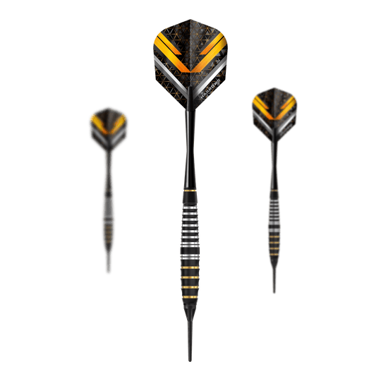 Das Bild zeigt ein Set Harrows Vulcan Softdarts. Die Darts sind speziell für Softdart-Spiele entwickelt.