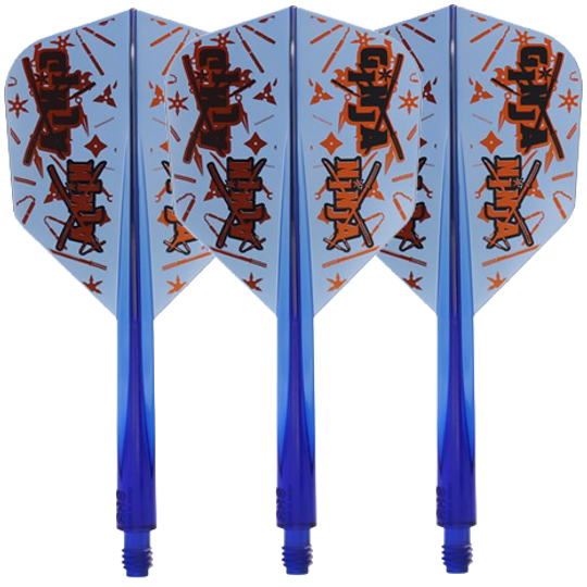 Condor Axe Ginja Ninja Matt Campbell Flight-Shaft - Small Auf dem Bild sind drei blaue Dartflights mit dem Namen "Condor Axe Ginja Ninja Matt Campbell Flight-Shaft - Small" zu sehen. Die Flights haben ein auffälliges Design mit orangen und schwarzen Mustern.