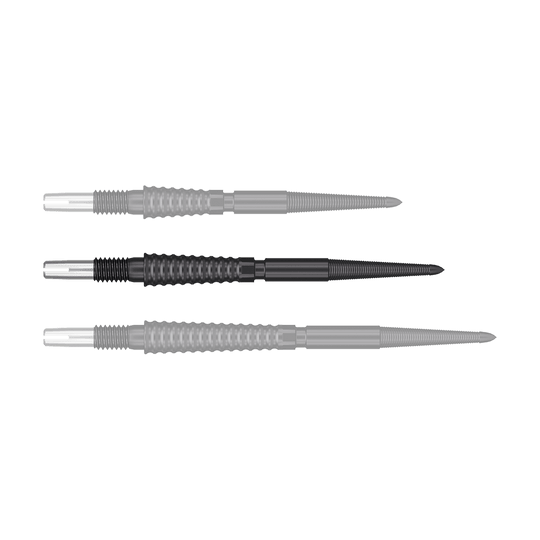 Target Swiss Storm LNC dart tips - Black Das Bild zeigt drei schwarze Dartspitzen in einer Reihe. Die Spitzen haben eine geriffelte Oberfläche und einen silbernen Ansatz.