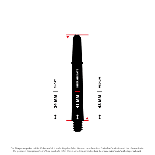 Das Bild zeigt drei verschiedene Längen von Target Pro Grip Shafts: Short (34 mm), Intermediate (41 mm) und Medium (48 mm). Die roten Linien markieren die Messpunkte der Längenangabe, das Gewinde wird nicht mitgerechnet.