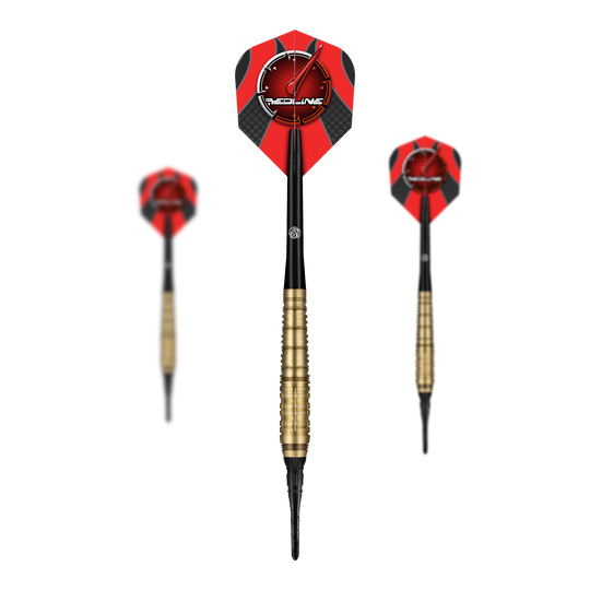 Shot Redline Mach 1 soft darts - 20g Das Bild zeigt drei Softdarts des Produkts „Shot Redline Mach 1“ mit einem Gewicht von 20g. Die Darts haben rote Flights mit schwarzem Muster und goldenen Griffen.