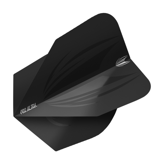 Das Bild zeigt das Produkt "Target ProUltra ID Black No6 Flights". Es handelt sich um schwarze Dart-Flights mit einem modernen, dezenten Design.