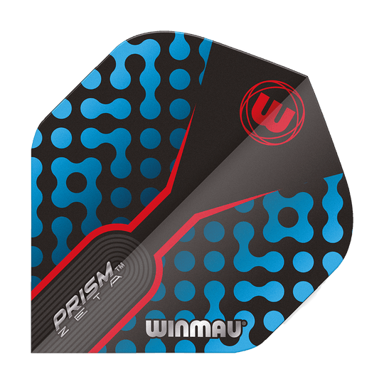 Dies ist ein Winmau Prism Zeta BlueRed Standard Flight für Dartpfeile. Das Design zeigt blaue Muster auf schwarzem Hintergrund mit roten Akzenten und dem Winmau-Logo.