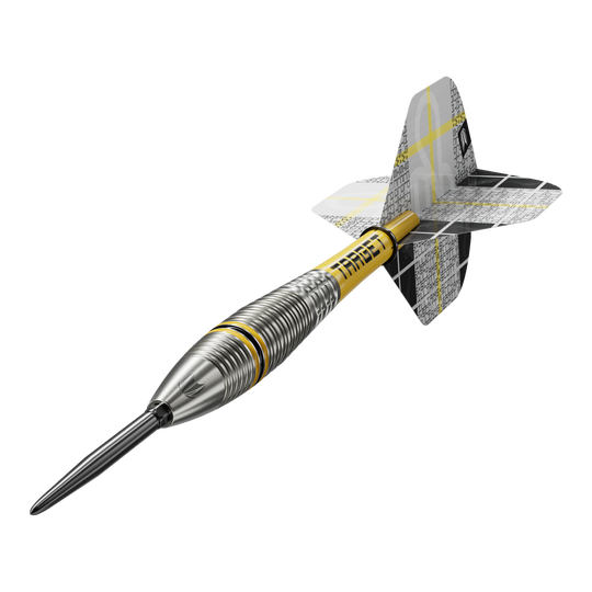 Target Scott Williams GEN2 Swiss Point steel darts Auf dem Bild ist ein Target Scott Williams GEN2 Swiss Point Steeldart zu sehen. Der Dartpfeil hat ein silbernes, geriffeltes Barrel und gelbe Akzente sowie moderne Flights.