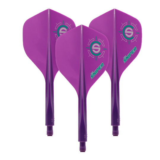 Condor Ax 120 Connor Scutt Sniper Purple Flight System - Standard Das Bild zeigt drei lila Dartflights mit dem Aufdruck "Sniper" und einem Zielsymbol. Es handelt sich um das Produkt "Condor Axe 120 Connor Scutt Sniper Purple Flight-System - Standard".