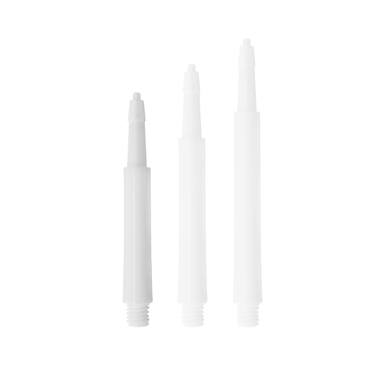 Auf dem Bild sind drei weiße Harrows Clic Standard Shafts in unterschiedlichen Längen zu sehen. Sie sind gerade ausgerichtet und heben sich deutlich vom Hintergrund ab.