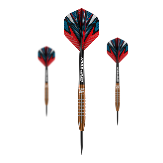 GOAT Quarterback V2 Tungsten Steel Darts - 24g Das Bild zeigt drei GOAT Quarterback V2 Tungsten Steeldarts mit einem Gewicht von 24g. Die Darts haben ein auffälliges, rot-blaues Design und sind mit GRIP-TECH-Schäften ausgestattet.