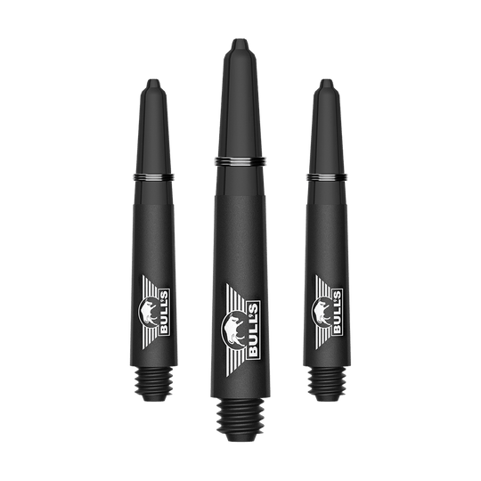 Bulls NL Capo Carbon Shafts - Black Ein Bild mit dem Dateinamen BU55340_BullsNL_Capo_Carbon_Shafts_Schwarz_Short_34mm_1Set. Es handelt sich vermutlich um ein Set aus kurzen schwarzen Carbon-Shafts für Darts.