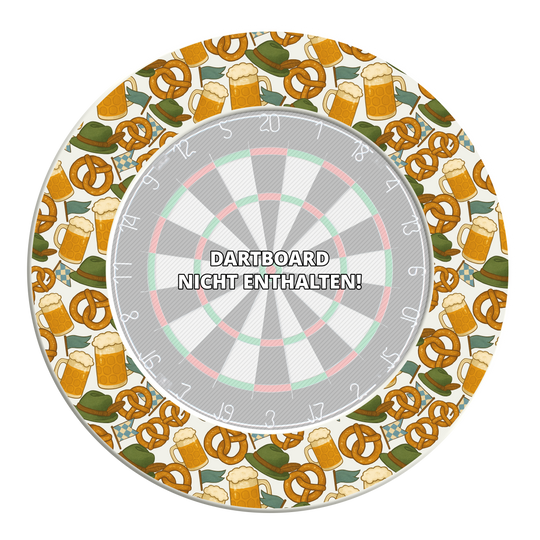 Dieses Bild stellt das McDart Bierfest Dartboard Surround dar. Es schützt die Wand beim Dartspielen und ist im Bierfest-Design gestaltet.