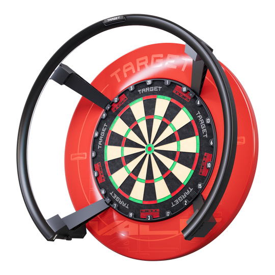 Target OMNI auto-scoring system Das Bild zeigt das Produkt "Target OMNI Auto-Scoring-System", ein modernes Dartboard mit automatischer Punkteerfassung. Das Dartboard ist von einem markanten roten Gehäuse und einem schwarzen Ring umgeben.