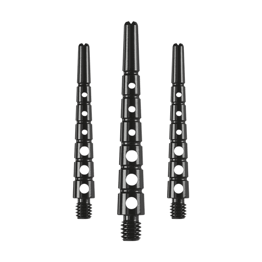 901941_Harrows_Graflite_Shafts_Schwarz_1 Auf dem Bild sind drei Harrows Graflite Shafts mit einer Länge von 41 mm zu sehen. Die schwarzen Schäfte haben mehrere runde Aussparungen entlang ihrer Länge.