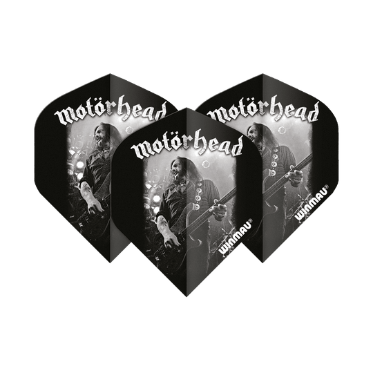 Auf dem Bild sind drei Dartflights mit dem Motiv „Motörhead Lemmy“ zu sehen. Die Flights sind schwarz-weiß gestaltet und tragen die Aufschrift „Motörhead“ sowie das Winmau-Logo.