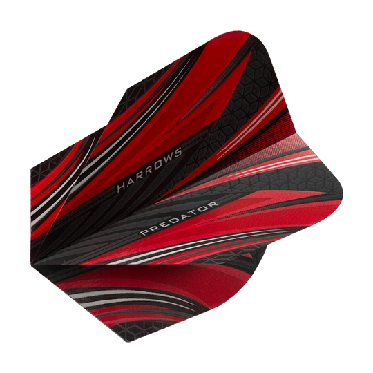 Das Bild zeigt die Harrows Prime Predator Rot No2 Standard Flights für Dartpfeile. Das Design ist überwiegend rot mit schwarzen und grauen Akzenten sowie auffälligen Mustern.