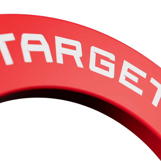 Target Notched Dartboard Surround Das Produkt zeigt eine rote Dartboard-Umrandung. Die Perspektive kommt von oben.