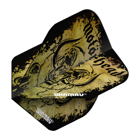 Das Bild zeigt das Produkt "Winmau Motorhead Acid Splat Standard Flights". Die Dartflights haben ein auffälliges schwarz-gelbes Design mit dem Schriftzug "Motorhead" und einem künstlerischen Motiv.