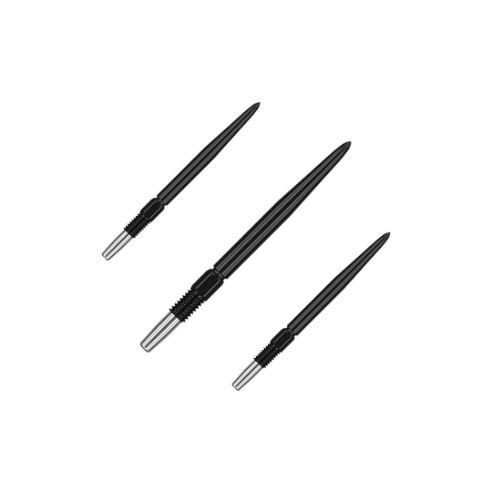 Target Swiss Point Black dart tips Das Bild zeigt drei schwarze Dartspitzen mit silbernem Gewinde. Sie sind in unterschiedlicher Ausrichtung auf einem einfarbigen Hintergrund angeordnet.