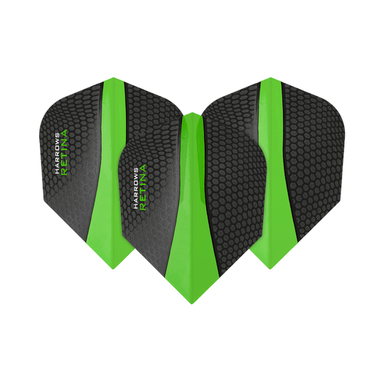 Das Bild zeigt drei Dart-Flights des Modells "Harrows Retina Grün No6". Die Flights sind schwarz mit einer grünen, mittig verlaufenden Linie und haben eine strukturierte Oberfläche.