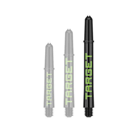 Target Pro Grip TAG Shafts - 3 Sets - Black Green Ein Dart-Schaft mit auffällig langem Profil ist zu sehen. Die Farbgebung und Oberfläche sind gut erkennbar.