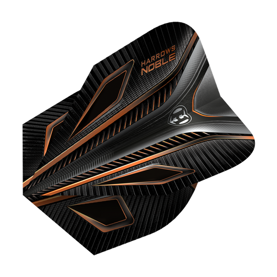 Das Bild zeigt das Produkt "Harrows Noble Rich Gold Standard Flights". Das Flight ist schwarz mit goldenen und orangen Akzenten sowie einem modernen, geometrischen Design.