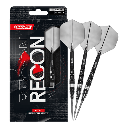 Red Dragon Recon Torpedo Steel Darts Auf dem Bild ist ein vollständiger Satz Red Dragon Recon Torpedo Steeldarts dargestellt. Diese Steeldarts sind speziell für präzises Spielen entwickelt.