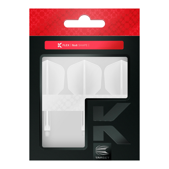 Target K-Flex No6 Flight System - White Die Abbildung zeigt eine Packung mit weißen Dartflights und -shafts der Marke Target. Die Verpackung ist in Schwarz und Rot gehalten und trägt die Aufschrift "K FLEX | No6 SHAPE".